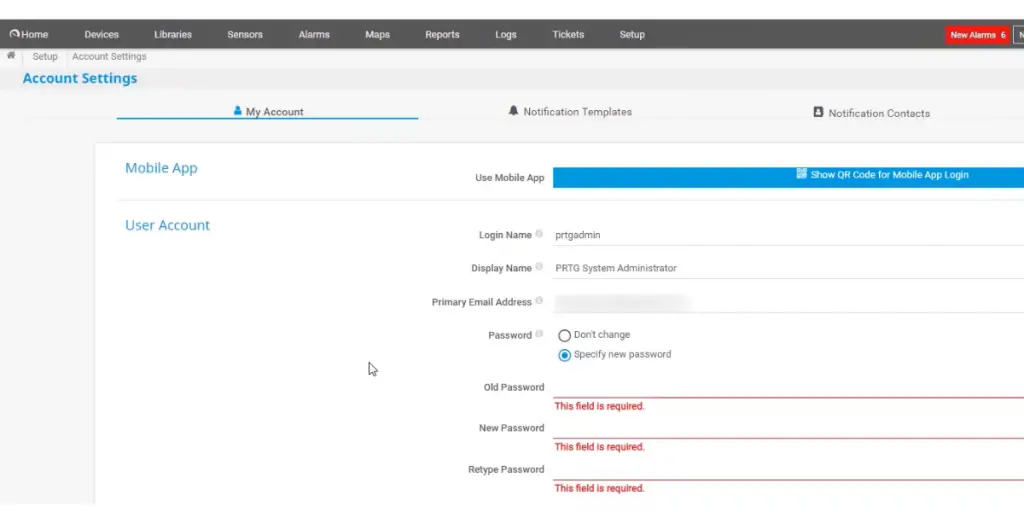 Account Settings of Paessler PRTG Network Monitor