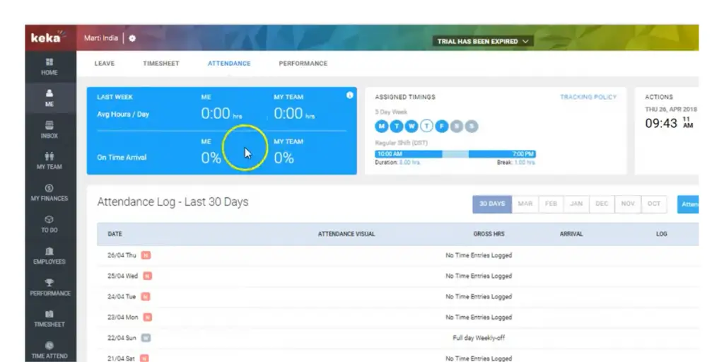 Attendance view page of Keka