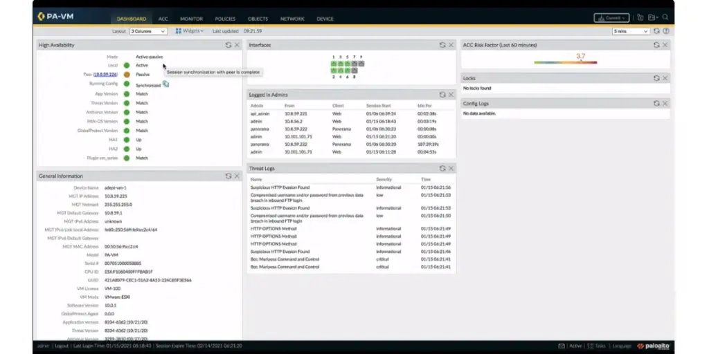 Dashboard of Palo Alto Network