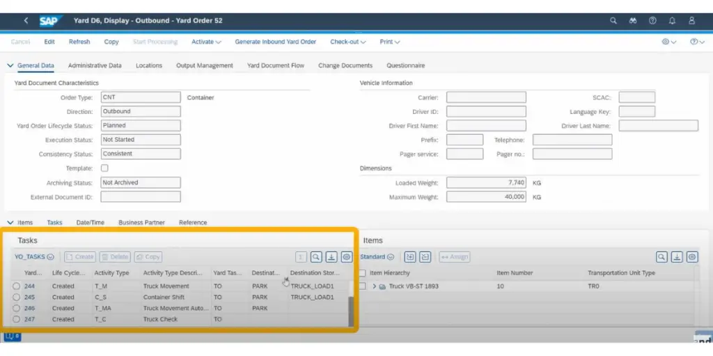 Task list of Sap Yard Logistics