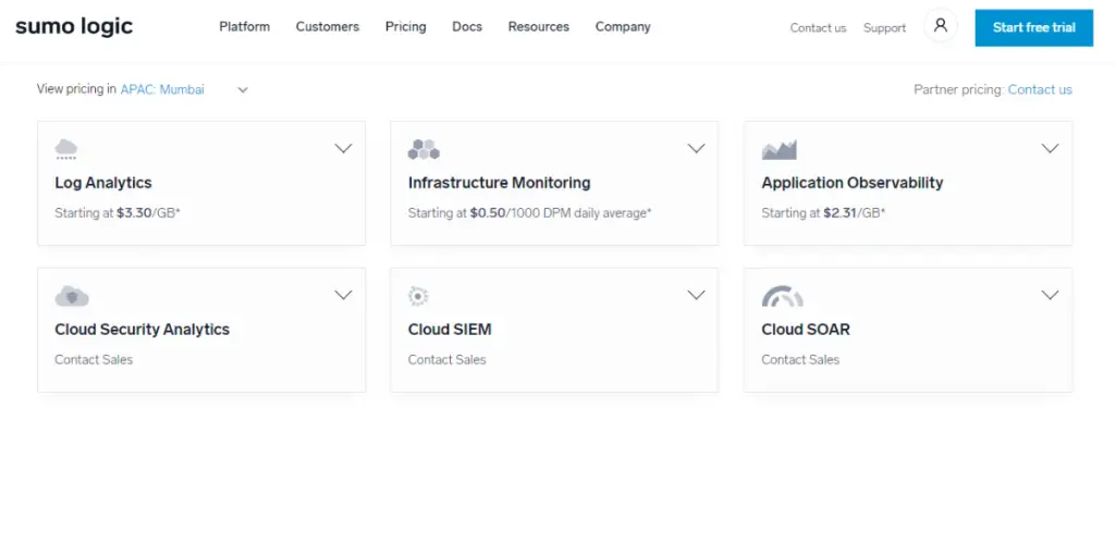 Pricing of Sumologic