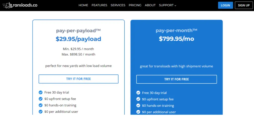 Pricing of Transloads.co