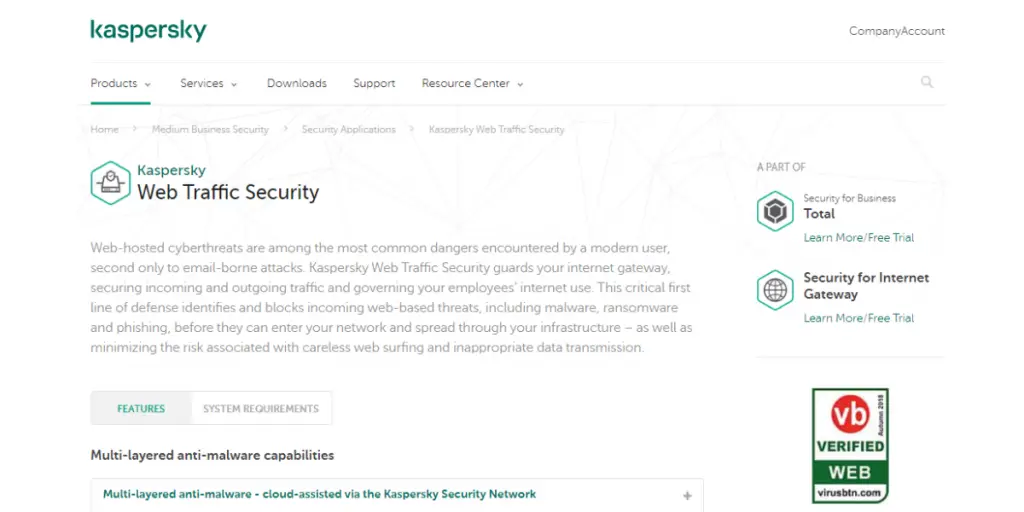 Webpage of Kaspersky web security