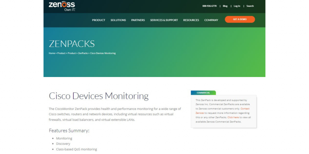 Webpage of Zenoss Zenpack Cisco Devices Monitoring