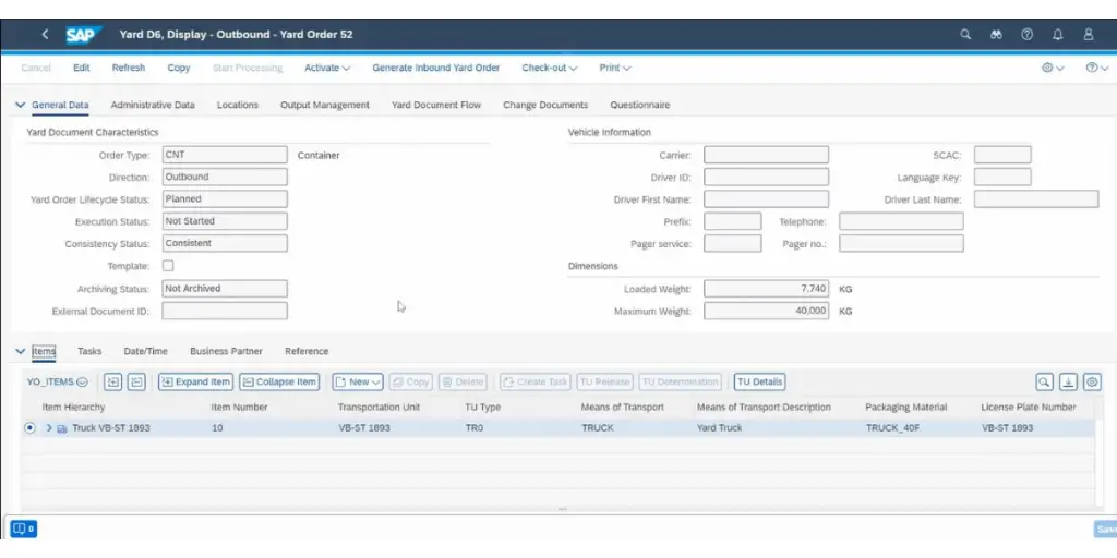 General Data of SAP yard logistics