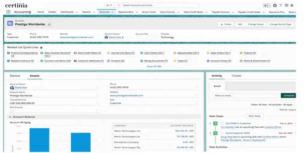 Accounts page view of Certinia