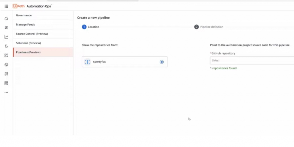 Create a New Pipeline page view of UiPath