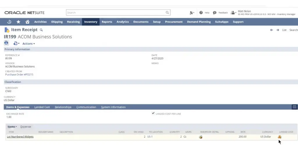 Item Receipt Inventory of NetSuite