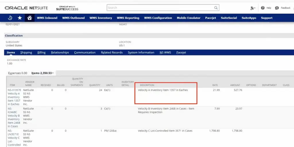 Items Warehouse Management of NetSuite