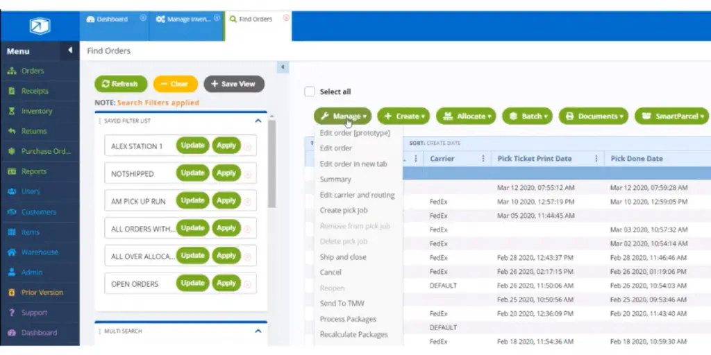 Orders page of Extensiv