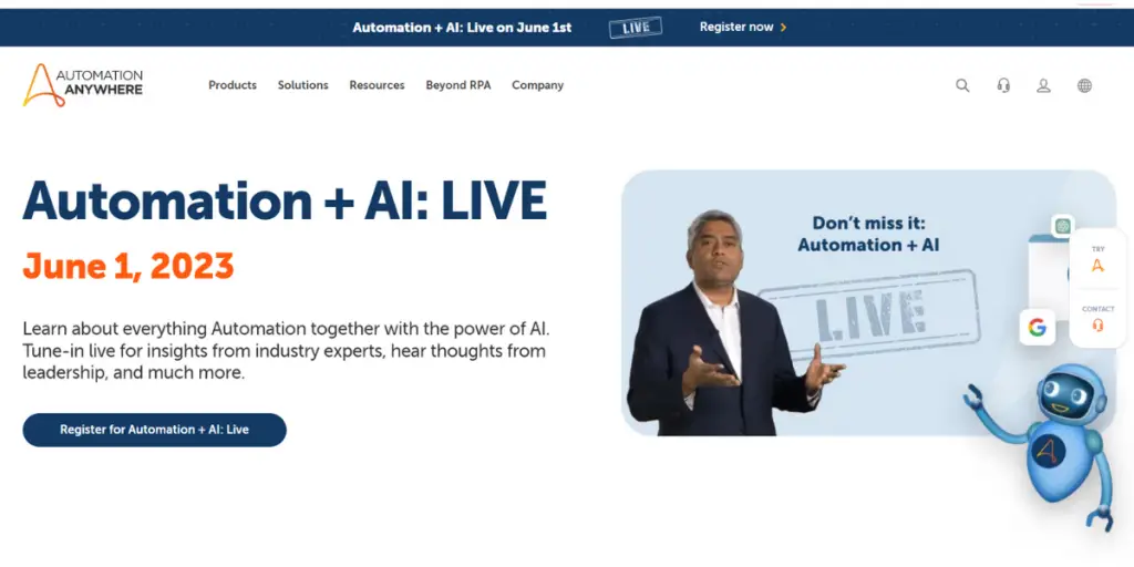 Webpage of Automation Anywhere RPA