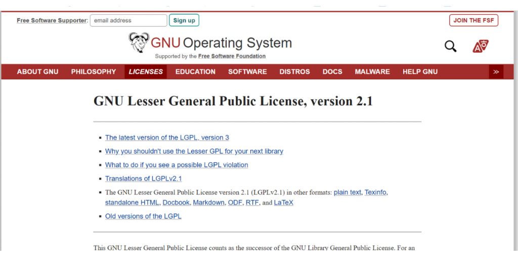 Webpage of GNU