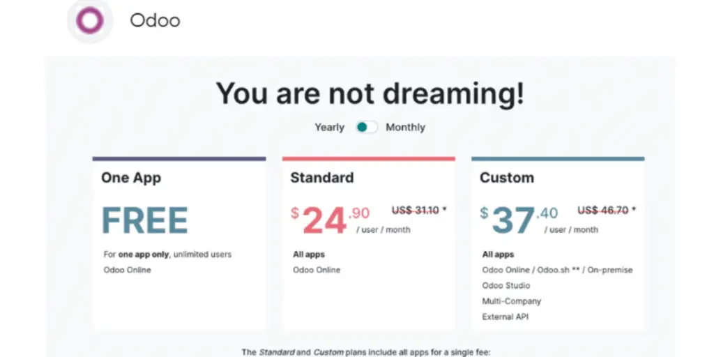 Yearly Price Sheet view of Odoo