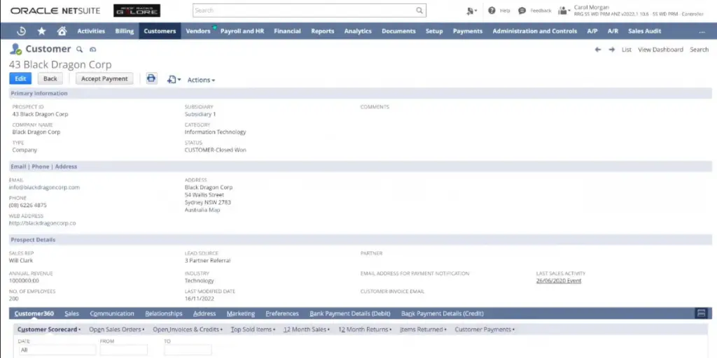 Customer page view of Oracle NetSuite