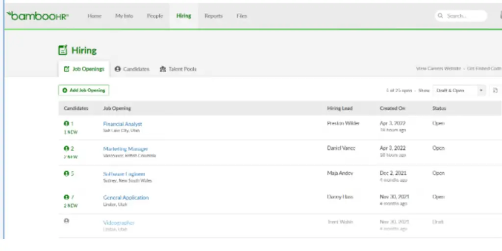 Job Hiring view of BambooHR