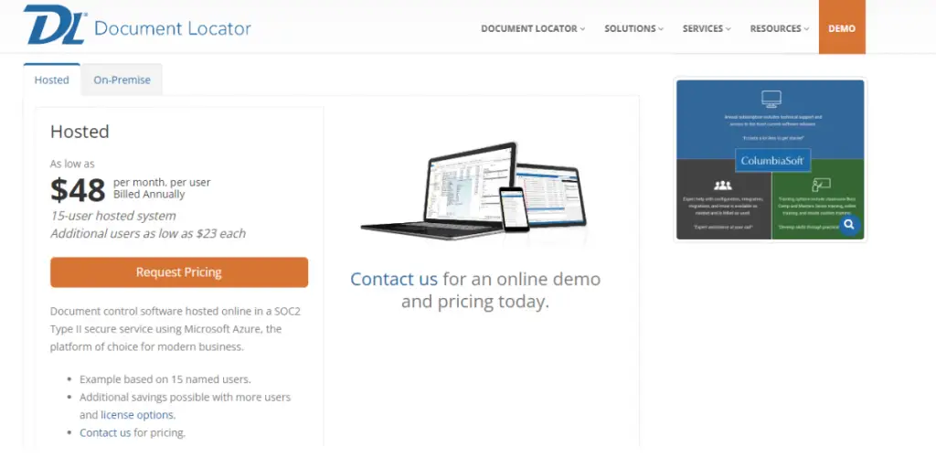 Hosted Pricing view of Document Locator