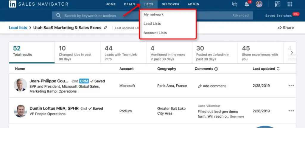 Lists of LinkedIn Sales Navigator