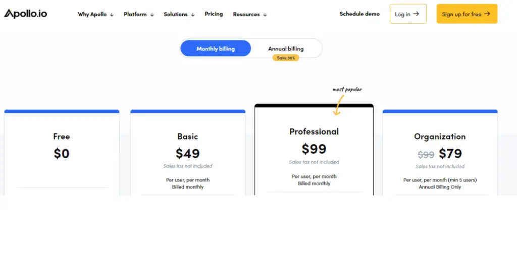 Monthly Pricing of Apollo.io
