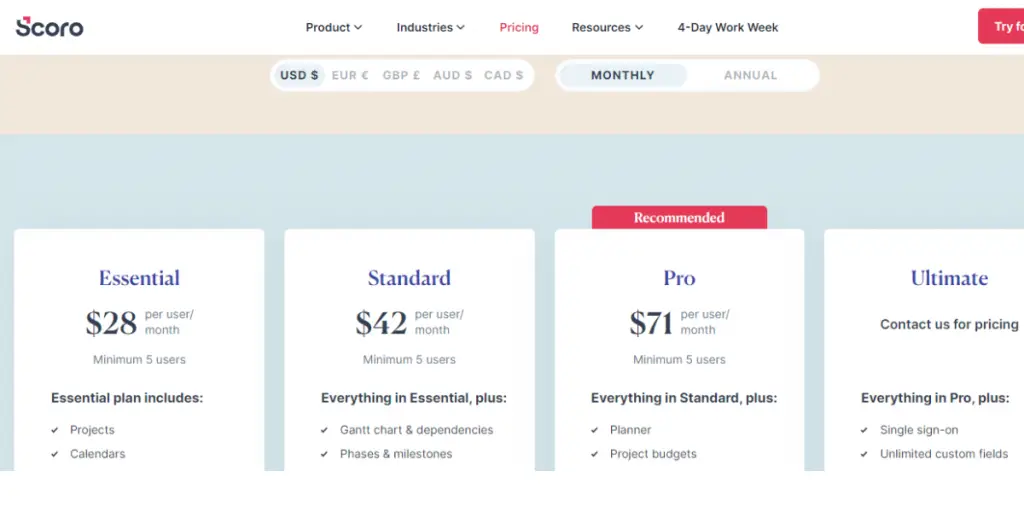 Monthly Pricing of Scoro