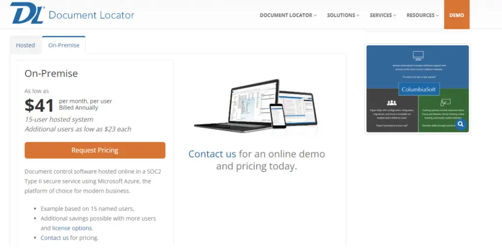 On-Premise Pricing view of Document Locator