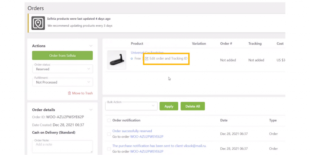 Product Orders view of Sellvia