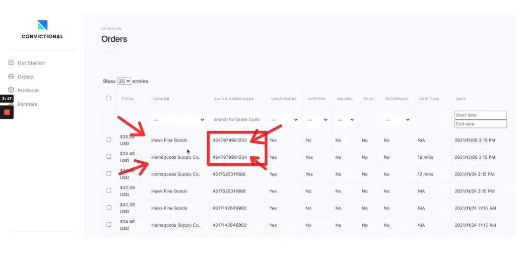 Orders page view of Convictional