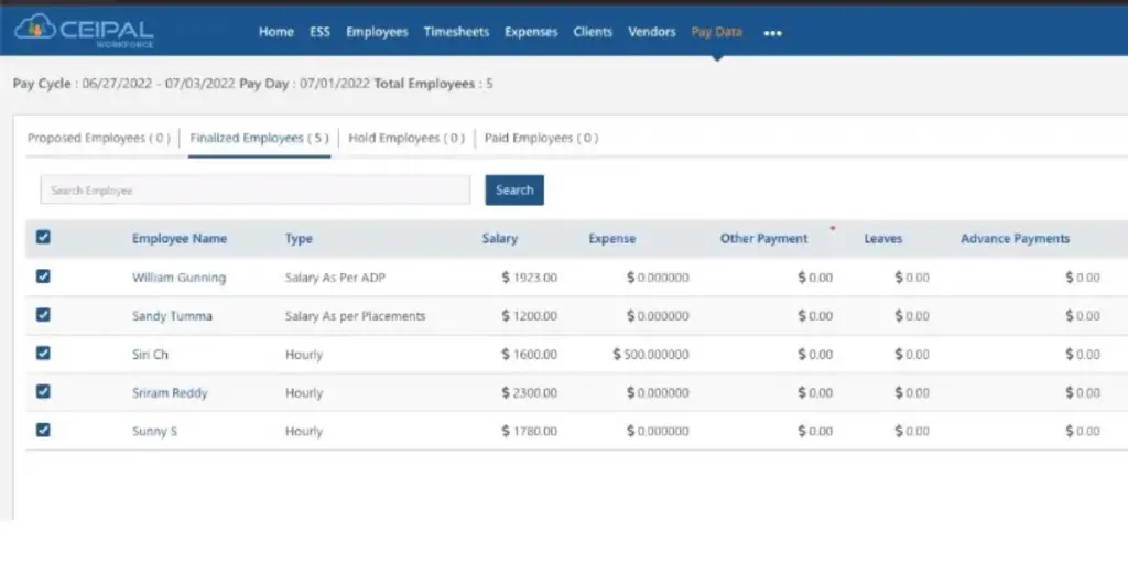 Pay Data view of Ceipal