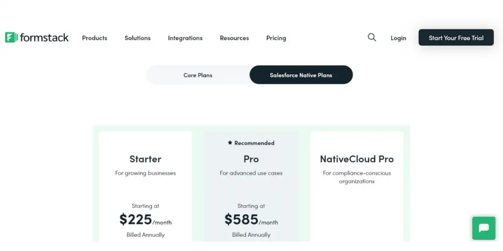 Price sheet of Formstack