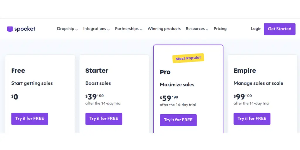 Pricing sheet of Spocket