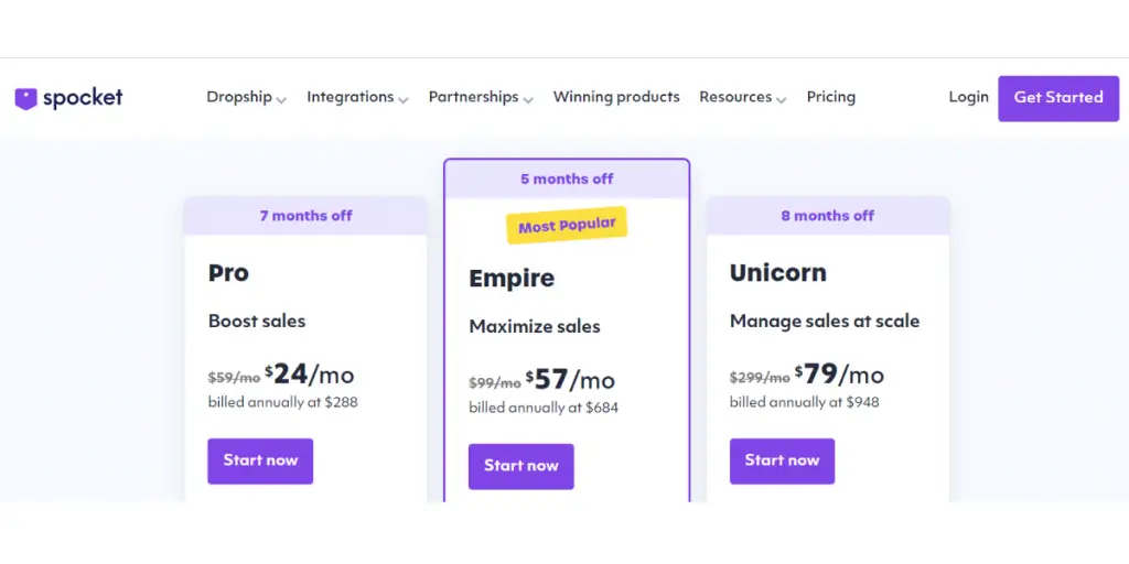 Pricing view of Spocket