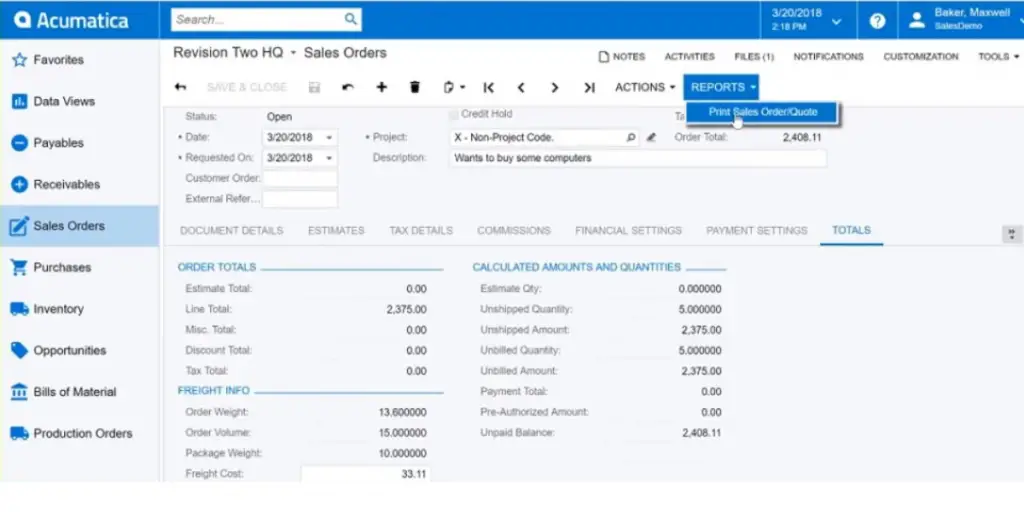 Sales Orders of Acumatica