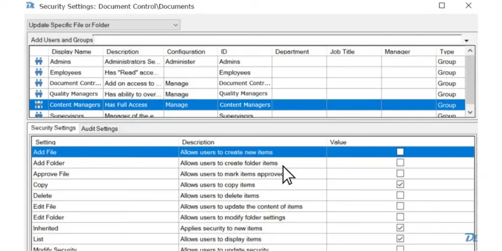 Security Settings page of Document Locator