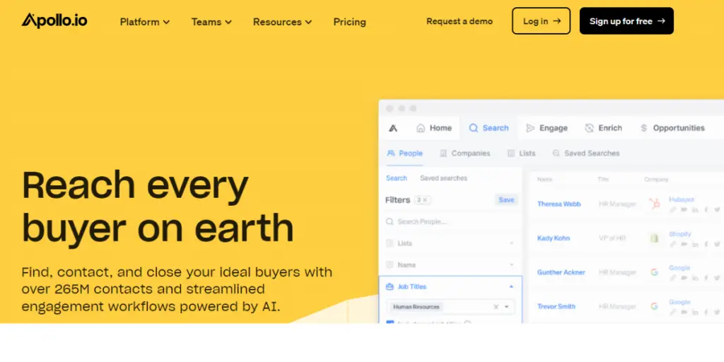 Webpage of Apollo.io