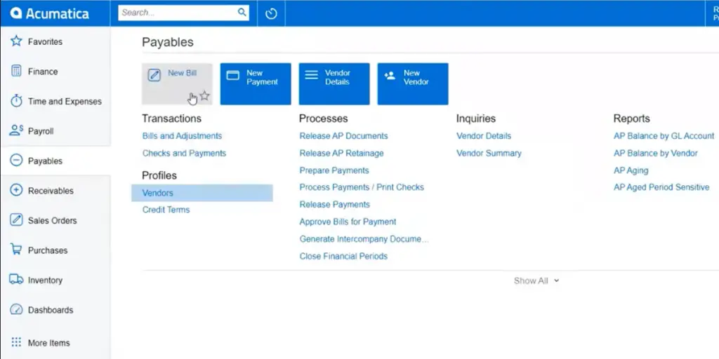 Payables of Acumatica