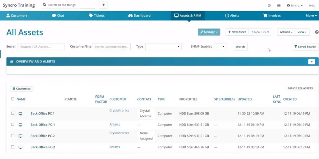 Assets view of Syncro