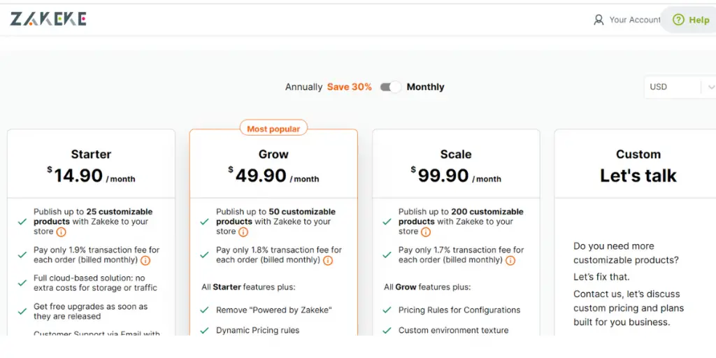 Monthly Pricing of Zakeke