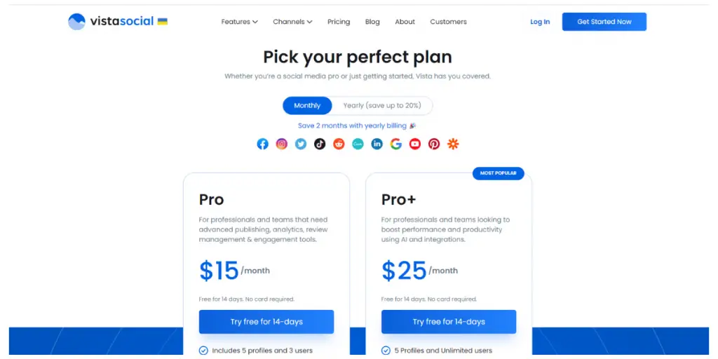 Monthly Pricing of Vistasocial