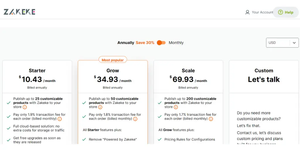 Pricing of Zakeke