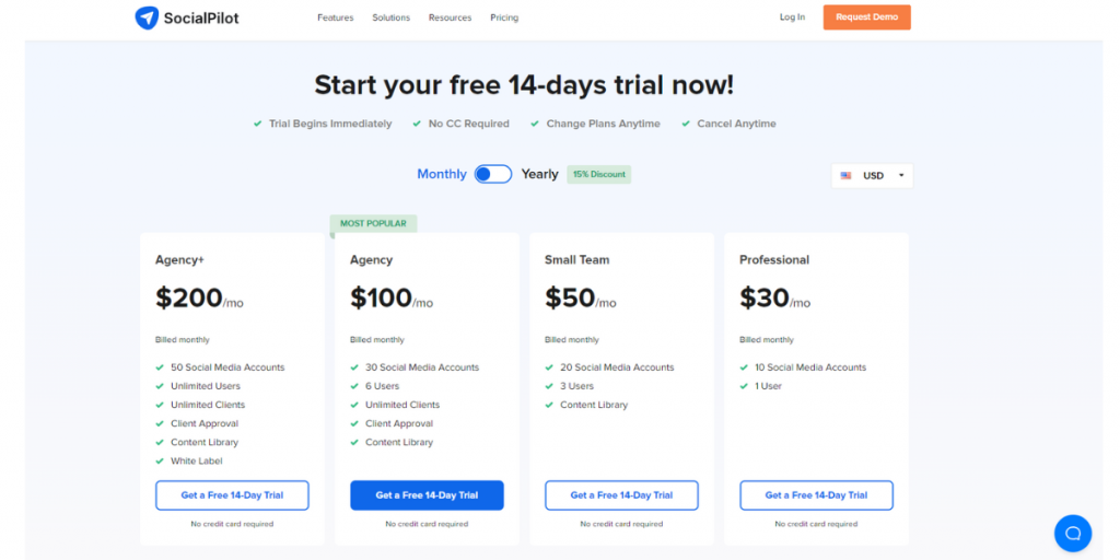 Monthly Pricing of SocialPilot