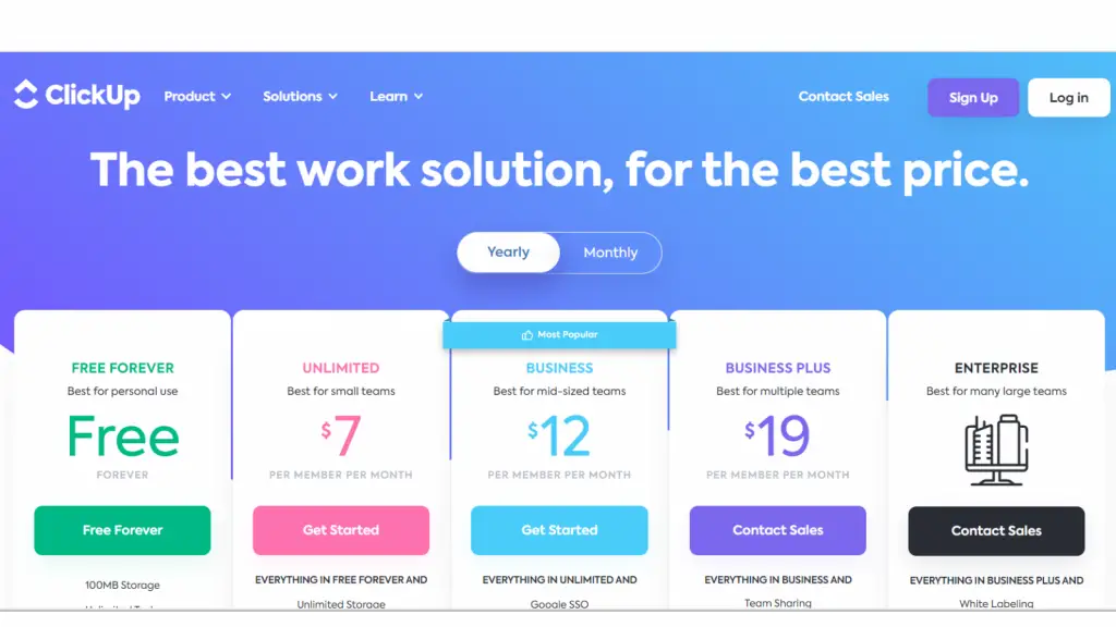 Yearly Pricing of ClickUp