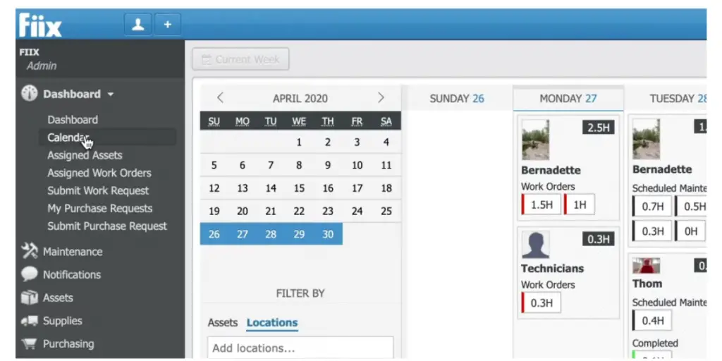 Calendar view of Fiix