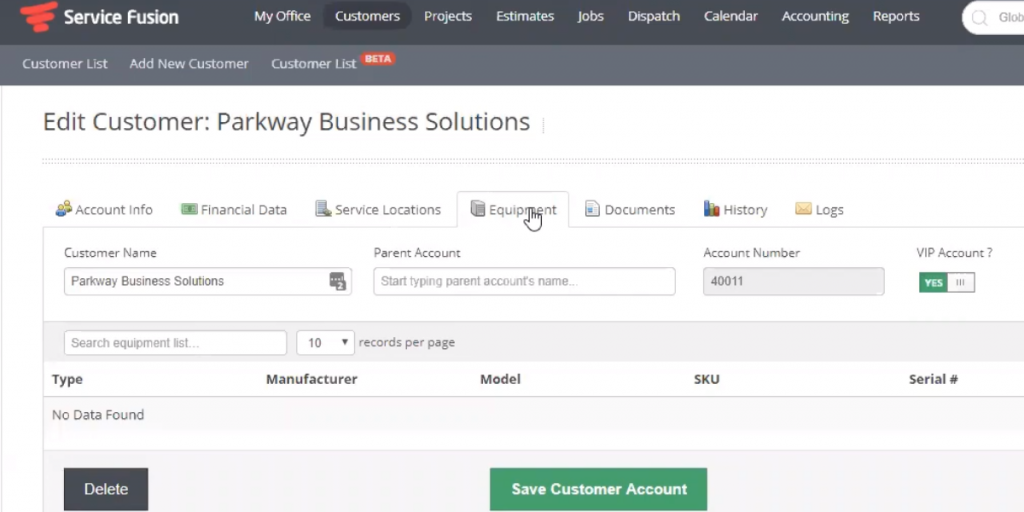 Customers page view of Service Fusion