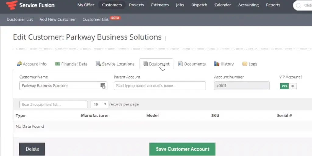 Customers page view of Service Fusion