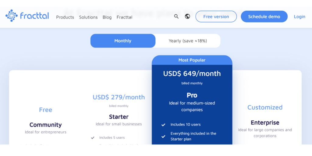 Monthly pricing Fracttal