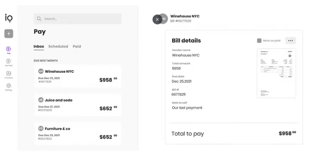 Bill details of Melio