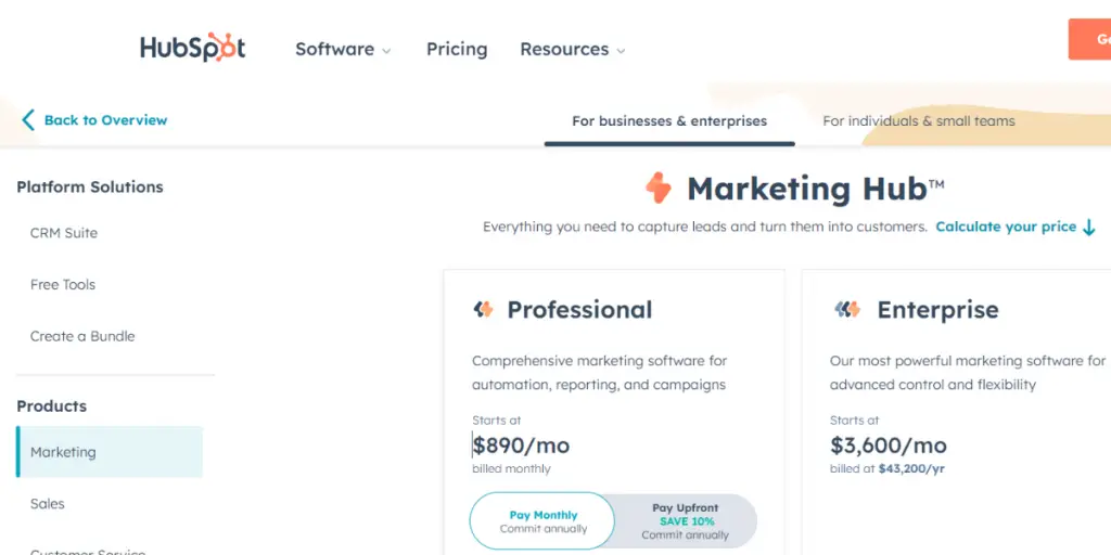 Monthly pricing of Hubspot