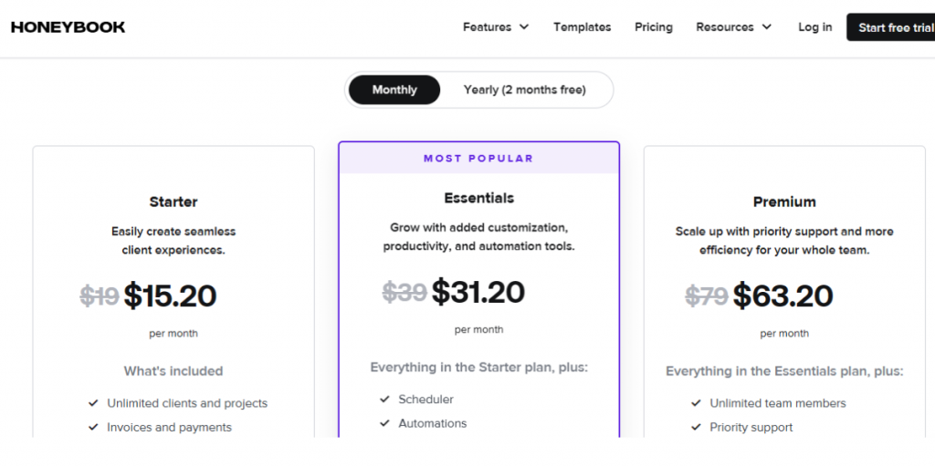 Monthly Pricing of Honeybook