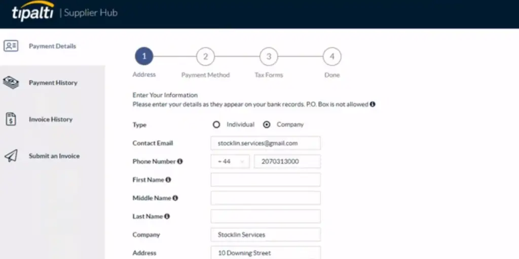 Payment details of Tipalti