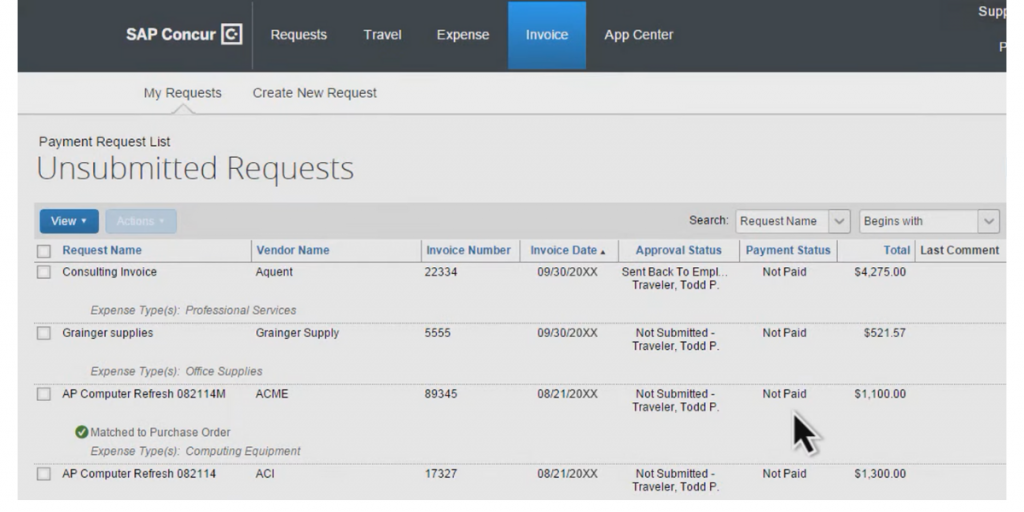 Payment Request List of SAP Concur