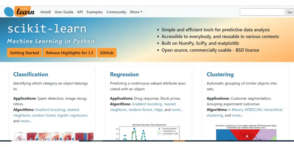 Webpage of Scikit Learn